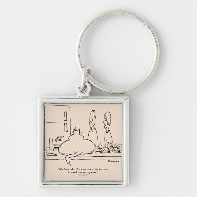 Fet katt fyrkantig silverfärgad nyckelring (Framsidan)