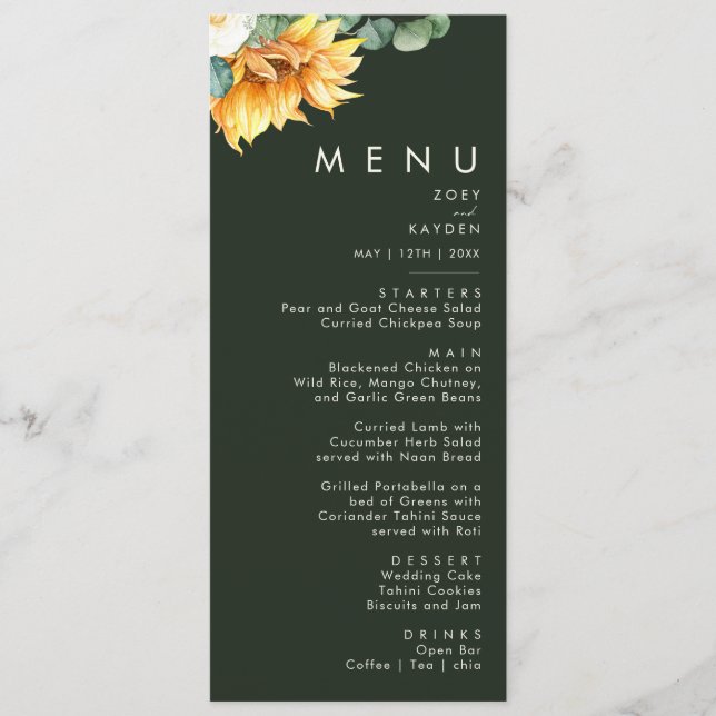 Fet Land solros | Mörk grönt Bröllop-middagen Meny (Framsida)