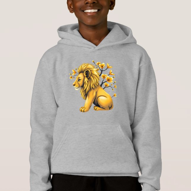 Fet Lejon med Blommar Kids Pullover T Shirt (Framsida)