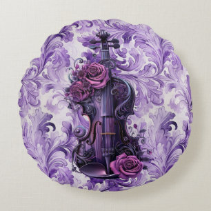 Fet Lila Blommigt Violin Round Pillow Rund Kudde