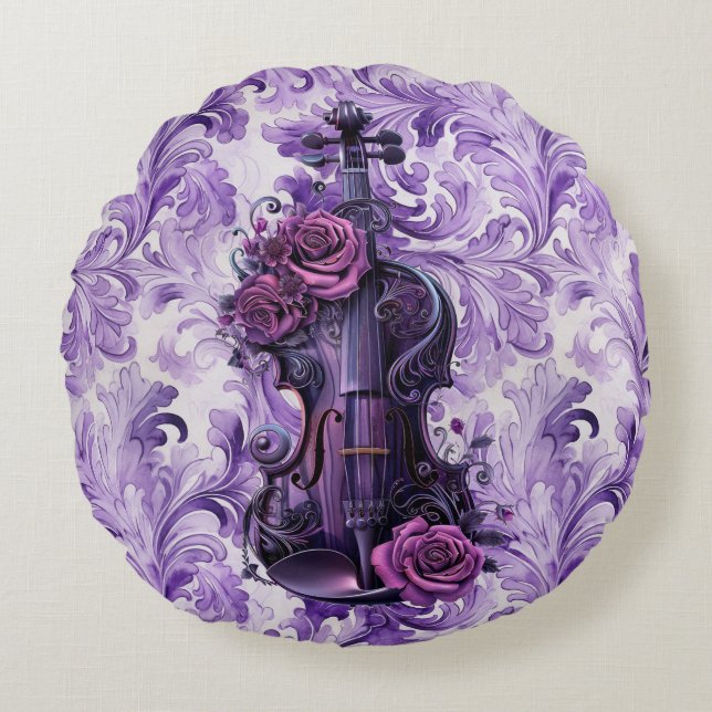 Fet Lila Blommigt Violin Round Pillow Rund Kudde (Framsidan)