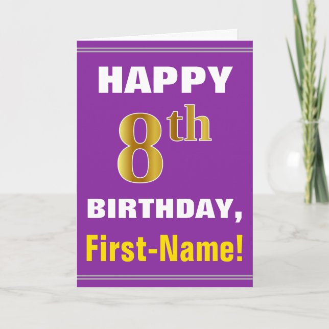Fet, Lila, Faux Guld 8th Birday w/ Namn Card Kort (Framsida)