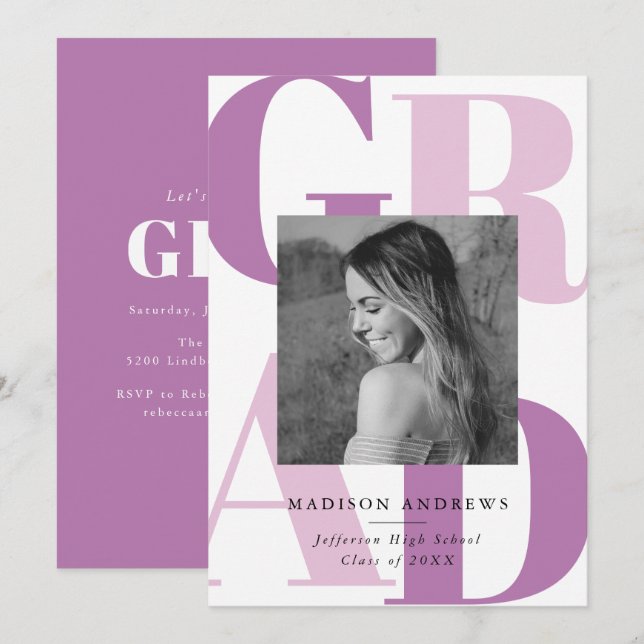 Fet Lila Grad Typography Photo Studentfest Inbjudningar (Fram/baksida)