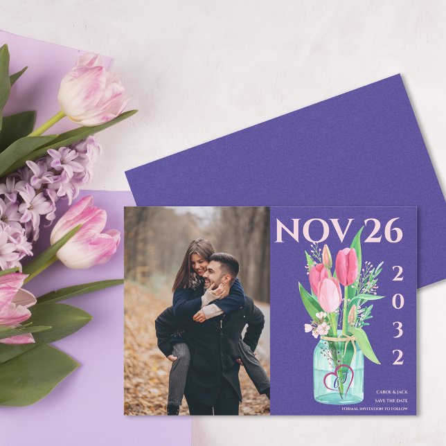 Fet Lila och  Blommigt Foto Spara datum Meddelande (Bold Purple & Blush Floral Photo Save the Date Announcement)