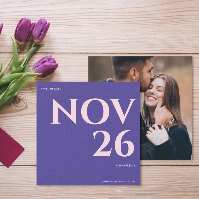 Fet Lila och  foto Bröllop spara datum Meddelande (Bold Purple & Blush Photo Wedding Save the Date Announcement)