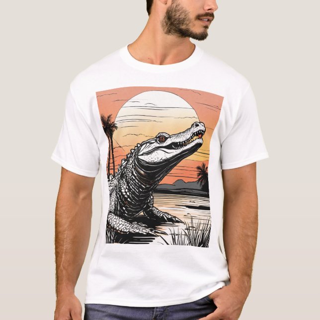Fet Line Teckning: Alligator Silhouette vid Sunset T Shirt (Framsida)