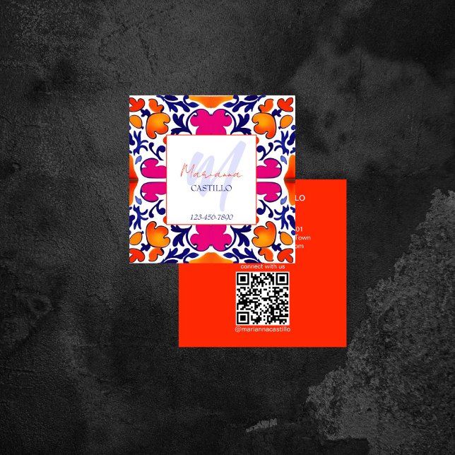 Fet, ljusstark, unik orange-mall qr fyrkantigt visitkort (Bold bright colorful unique orange template qr square business card Mexican tiles pattern modern)