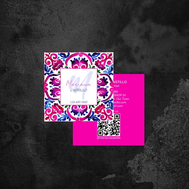 Fet, ljust färgstark, unik rosa-mall qr fyrkantigt visitkort (Bold bright colorful unique pink template qr square business card Mexican Talavera tile pattern pink)