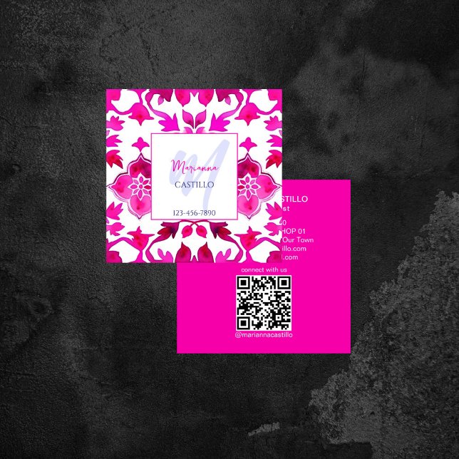 Fet, ljust färgstark, unik rosa-mall qr fyrkantigt visitkort (Bold bright colorful unique pink template qr square business card fuchsia hot pink tile pattern)