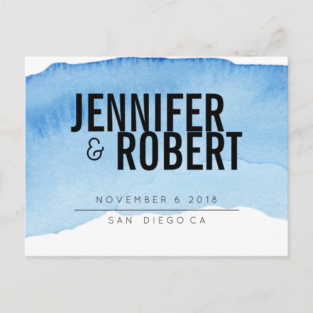 Fet minimalistisk BLÅ akvarell SVART SPARE THE DAT Meddelande Vykort (Framsida)