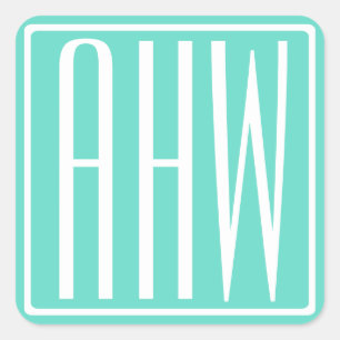 Fet Modern 3 Initialer Monogram Vit På Aqua Fyrkantigt Klistermärke