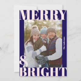 Fet Modern Marinblå Rosa Merry & Bright Foto Julkort