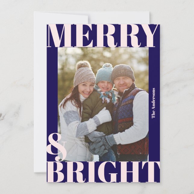Fet Modern Marinblå Rosa Merry & Bright Foto Julkort (Framsida)