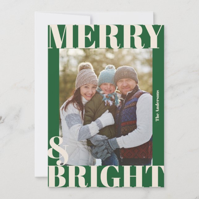 Fet Modern Mörkgrön Vit Glädje & Ljus Foto Julkort (Framsida)
