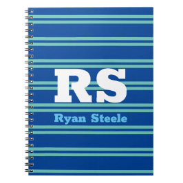 Fet Monogram & Namn, Lt Teal Linjer på Deep Blue Anteckningsbok