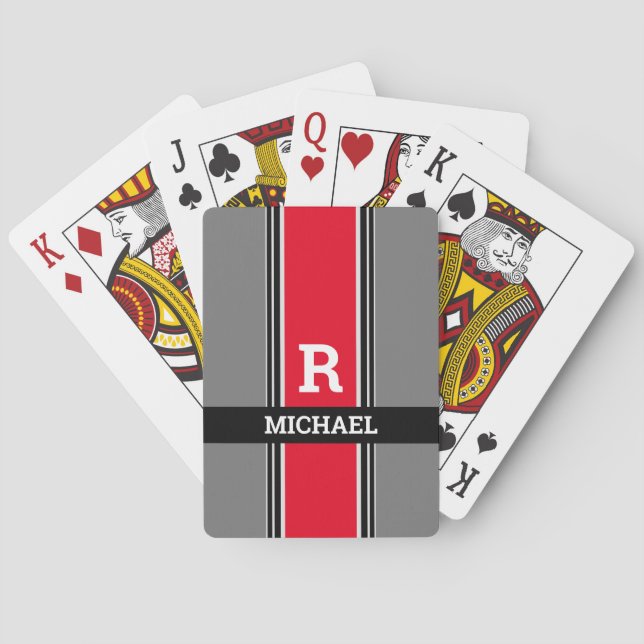Fet Monogram & Namn, Red Grått & Black Rand Casinokort (Baksidan)