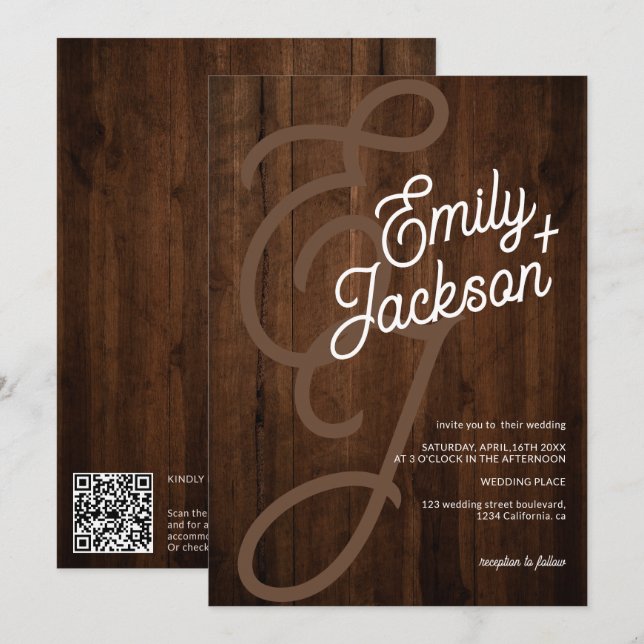 Fet monogram namn rustik wood qr kod bröllop inbjudningar (Fram/baksida)