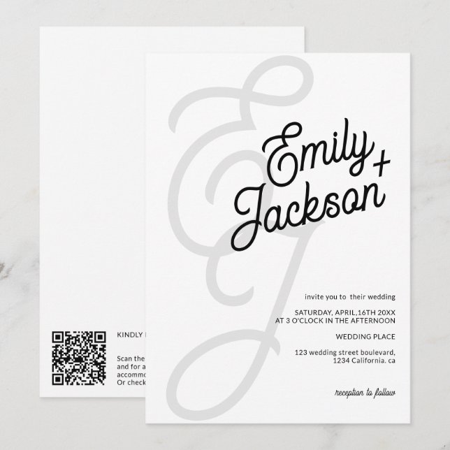 Fet monogram penselpensel namn svart qr-kod bröllo inbjudningar (Fram/baksida)