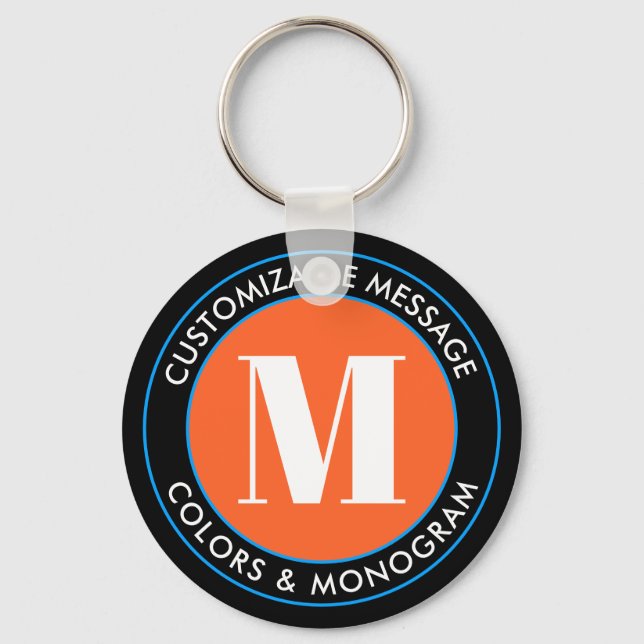 Fet monogram & text | Svart Vitt Orange & Blå Nyckelring (Framsida)