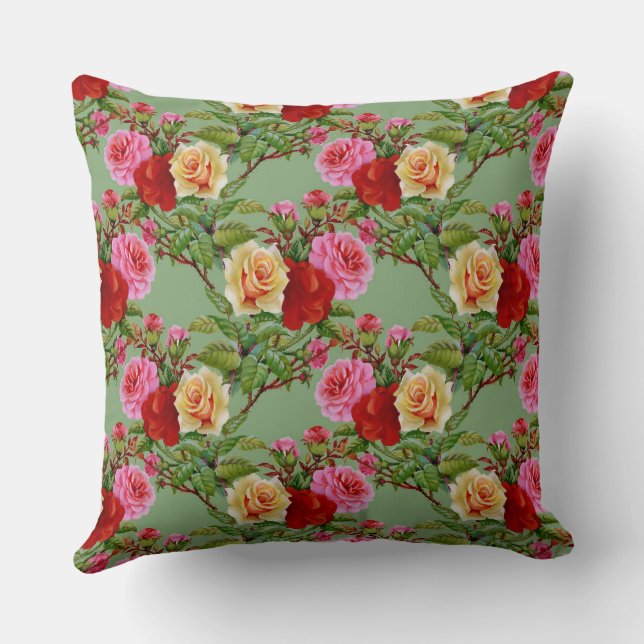 Fet Mönster Red Gult Rosa ros och Foliage Kudde (Baksida)