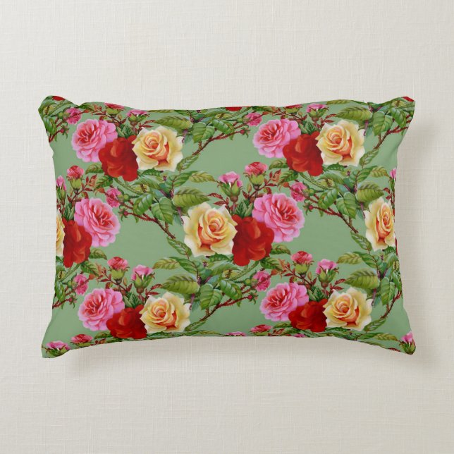 Fet Mönster Red Gult Rosa ros och Foliage Prydnadskudde (Framsidan)