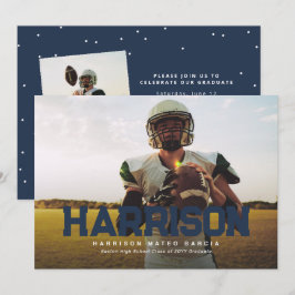 Fet namn student-idrottsman, fotomarin blå grad inbjudningar