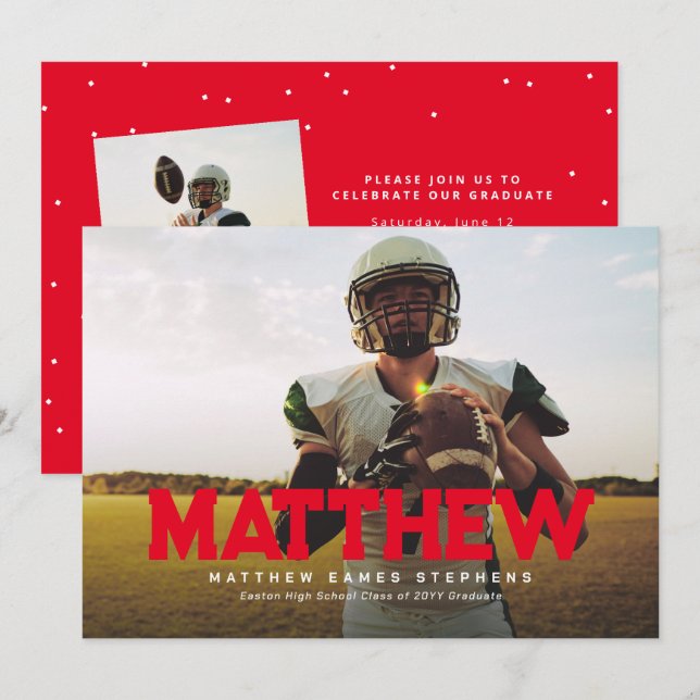 Fet namn student idrottsman fotoröd studenten inbjudningar (Fram/baksida)