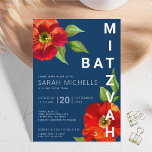 Fet Navy Bat Mitzvah Röd Blommig Akvarell Modern Inbjudningar<br><div class="desc">Var stolt, gläd dig och visa upp denna milstolpe för din älskade Bat Mitzvah med denna sofistikerade, personliga inbjudan! En chic, fantastisk, röd blomsterakvarell med modern sans serif-typografi överlagras på en marinblå bakgrund. Anpassa den anpassade texten med din Bat Mitzvahs namn, datum och platsinformation. Garanterat att tillföra stilfullt kul till...</div>