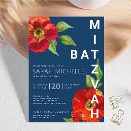 Fet Navy Bat Mitzvah Röd Blommig Akvarell Modern Inbjudningar