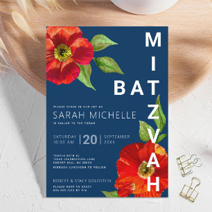 Fet Navy Bat Mitzvah Röd Blommig Akvarell Modern Inbjudningar