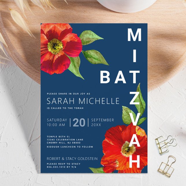 Fet Navy Bat Mitzvah Röd Blommig Akvarell Modern Inbjudningar (Skapare uppladdad)