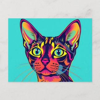 Fet Neon Pop Art Porträtt i en lekfull Devon Rex Vykort