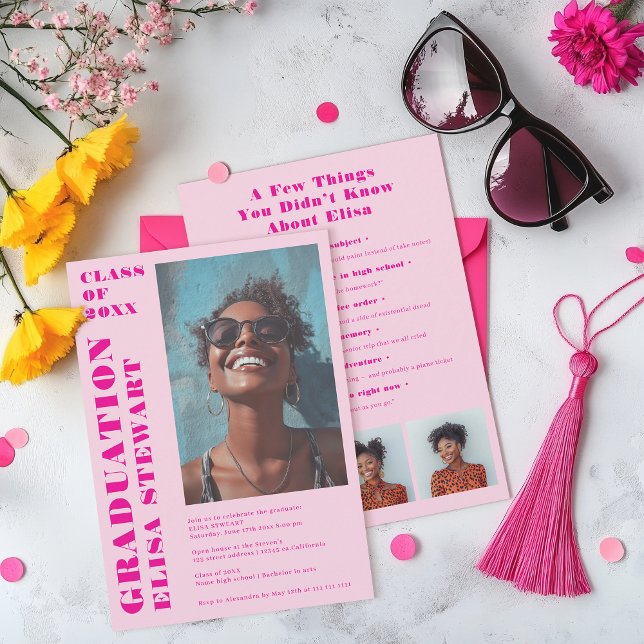 Fet Neon Retro Rosa Modern 4 foton Studenten Inbjudningar (Bold Neon Retro Pink Modern 4 photos Graduation Invitation)