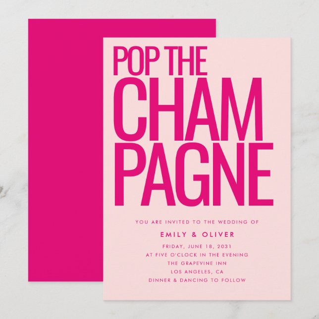 Fet Neon Rosa Pop Champagne Modern Bröllop Inbjudningar (Fram/baksida)