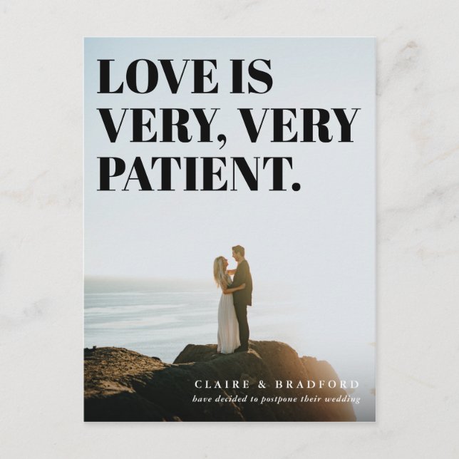 Fet och fräck typografisk uppskjuten bröllop meddelande vykort (Framsida)