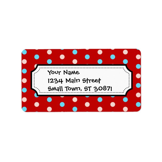 Fet och ljusröd och blå Polka dots Adressetikett (Framsidan)