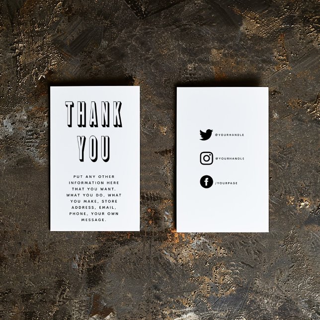 Fet och roligt tack för ditt visitkort tilläggskort (Big bold 3D text "Thank you" insert card with black on white social media icons, details and message)