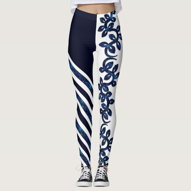 Fet och vacker vit och blå design leggings (Framsida)