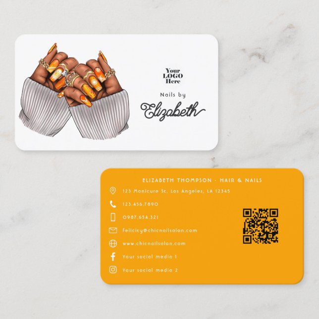 Fet Orange och Guld African American Nail Salon Visitkort (Fram/baksida)