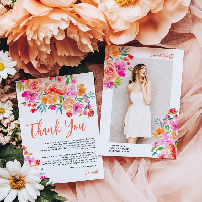 Fet Orange och Rosa Vattenfärgen Blommigt Studente Tack Kort (Bold Orange and Pink Watercolor Floral Graduation Thank You Card)