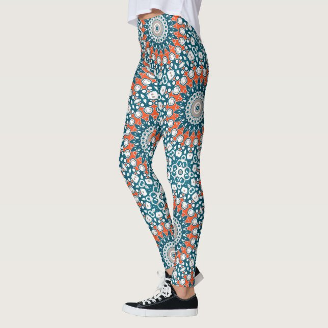Fet Orange och Teal Mandala Geometric Totem Mönste Leggings (Vänster)