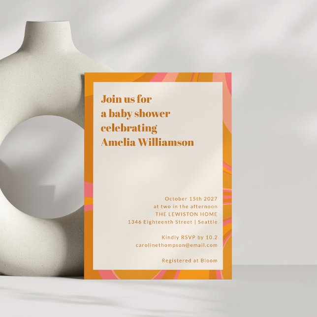 Fet Orange Rosa Retro Virvel Baby Shower-fest Inbjudningar (Skapare uppladdad)