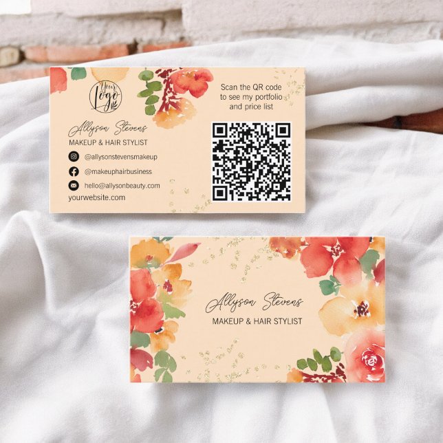 Fet persika blommigt guld makeup hair logotyp qcod visitkort (Bold fall floral gold makeup hair logo qr code business card on peach)