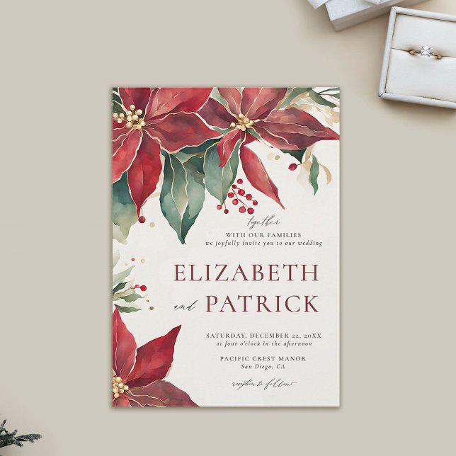 Fet Poinsettia Elegant Julvinter Bröllop Inbjudningar (winter wedding invitation modern christmas watercolor poinsettia elegant rustic bohemian)
