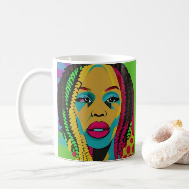 Fet pop Art-afrikansk amerikansk kvinna med platse Kaffemugg (Med munk)