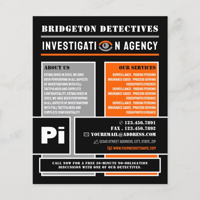 Fet Private Öga, privatdetektiver Flygblad (Framsidan)