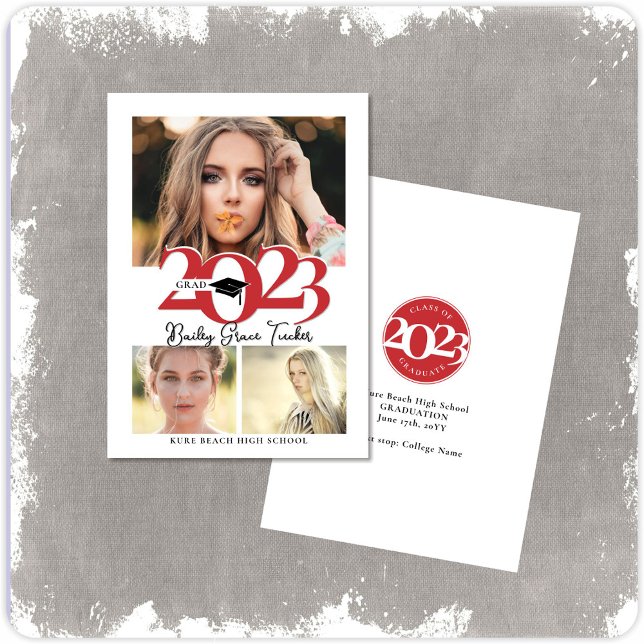 Fet Red 2023 GRAD Cap 3-Photo Collage Studenten Meddelande (Skapare uppladdad)