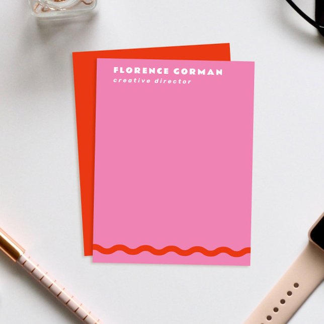 Fet Red and Candy Rosa Vågigt Ram Personal Tack Kort (hot fuchsia pink personal stationery note cards with wavy red line)