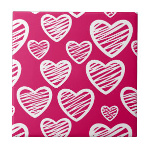 Fet Red and White Scribble Heart Mönster Kakelplatta