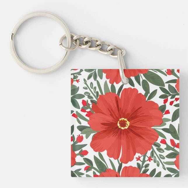 Fet Red-Blommönster med Lush Grönt Löv (Framsidan)